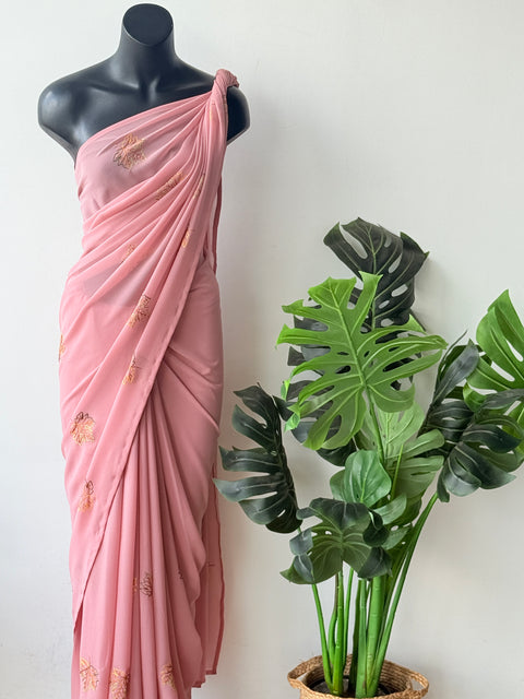 Peach maple leaf emb georgette saree
