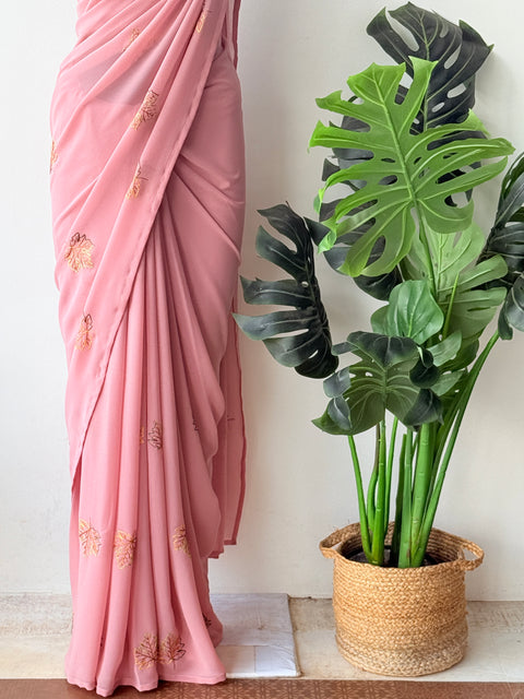 Peach maple leaf emb georgette saree