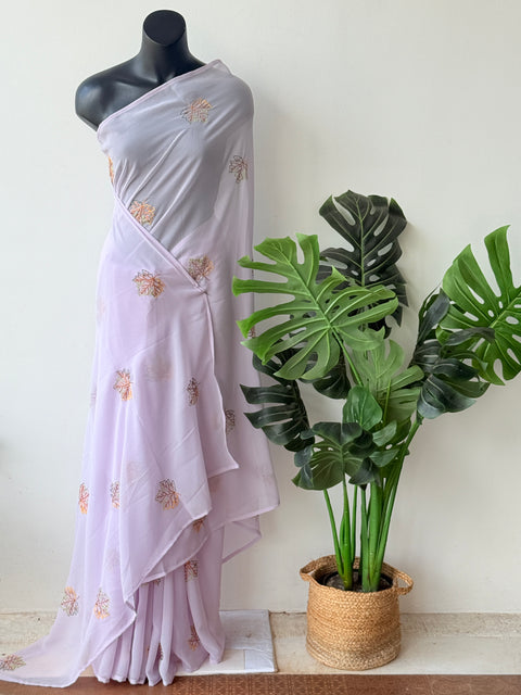 Lavender maple leaf emb georgette saree