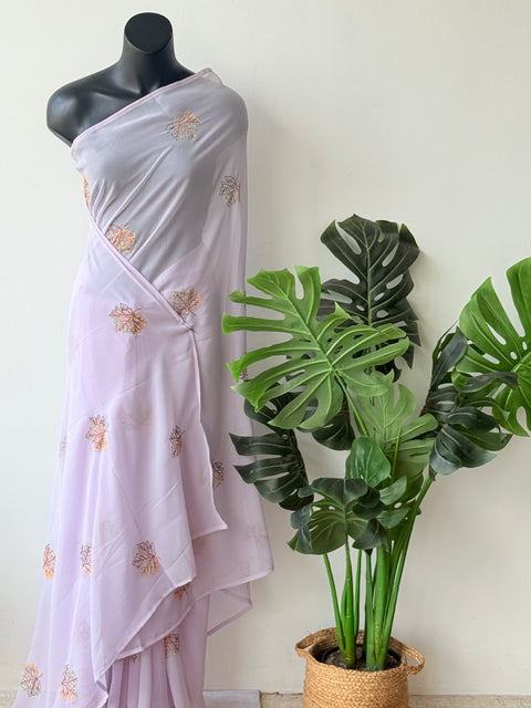 Lavender maple leaf emb georgette saree