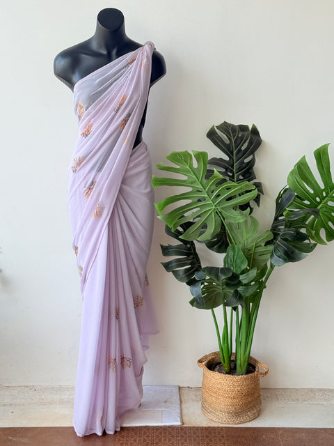 Lavender maple leaf emb georgette saree