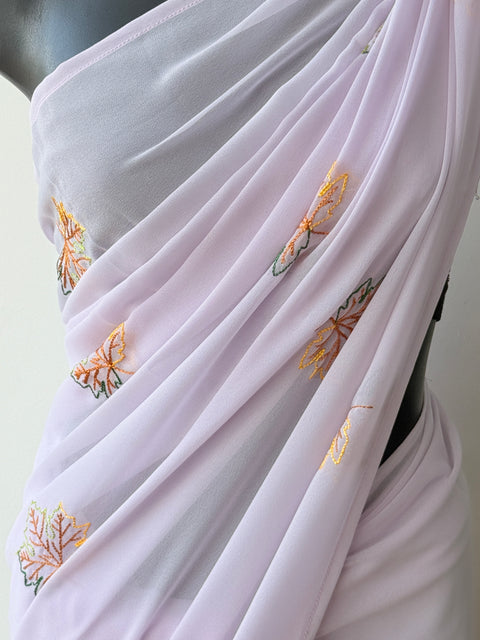 Lavender maple leaf emb georgette saree