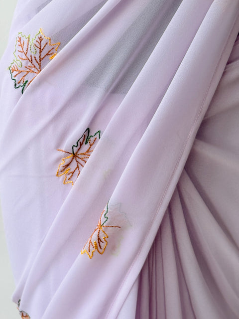 Lavender maple leaf emb georgette saree