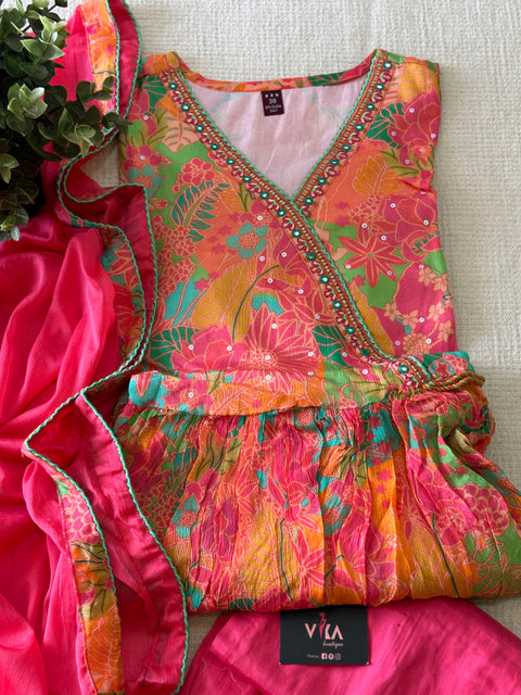 Angrakha style printed chiffon ready suit set