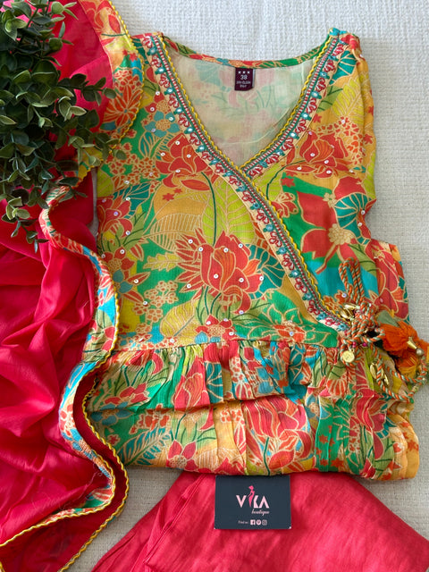 Angrakha style printed chiffon ready suit set