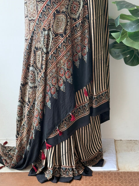 Ajrakh printed modal silk saree