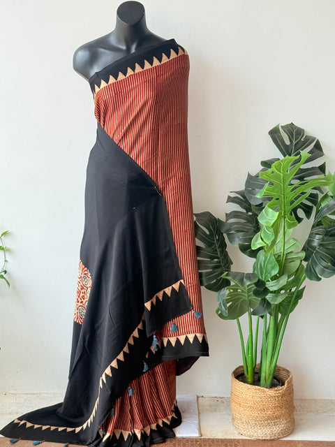 Ajrakh printed modal silk saree