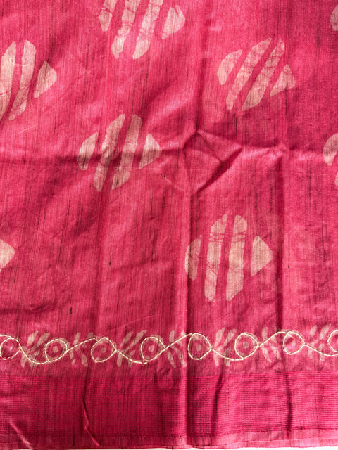 Batik printed kantha work raw silk saree
