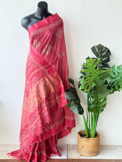 Batik printed kantha work raw silk saree