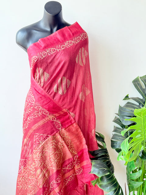 Batik printed kantha work raw silk saree