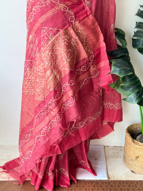Batik printed kantha work raw silk saree