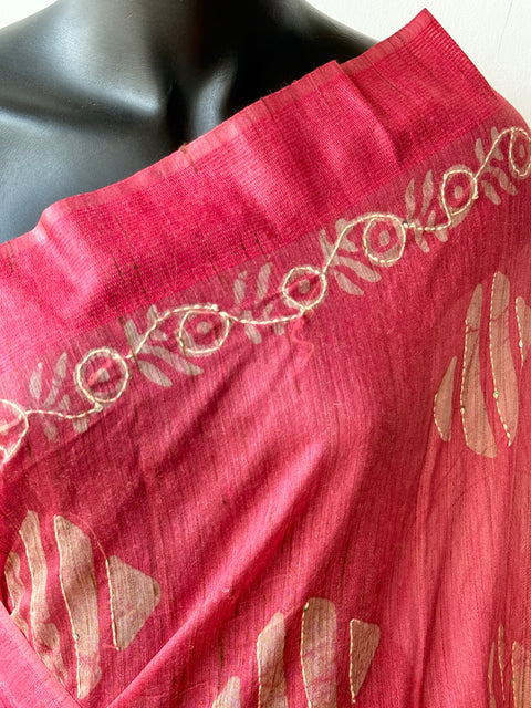 Batik printed kantha work raw silk saree