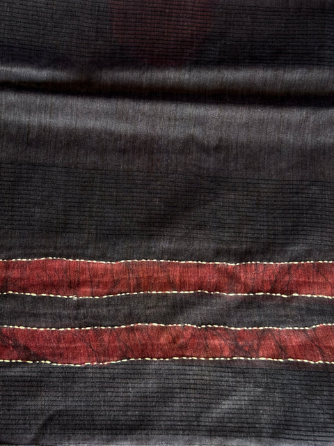 Batik printed kantha work raw silk saree