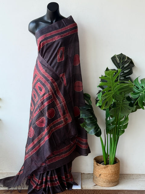 Batik printed kantha work raw silk saree