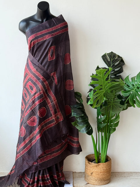 Batik printed kantha work raw silk saree