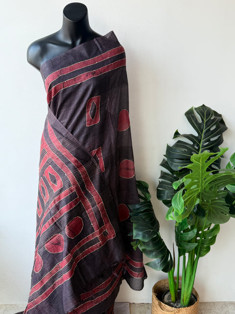 Batik printed kantha work raw silk saree
