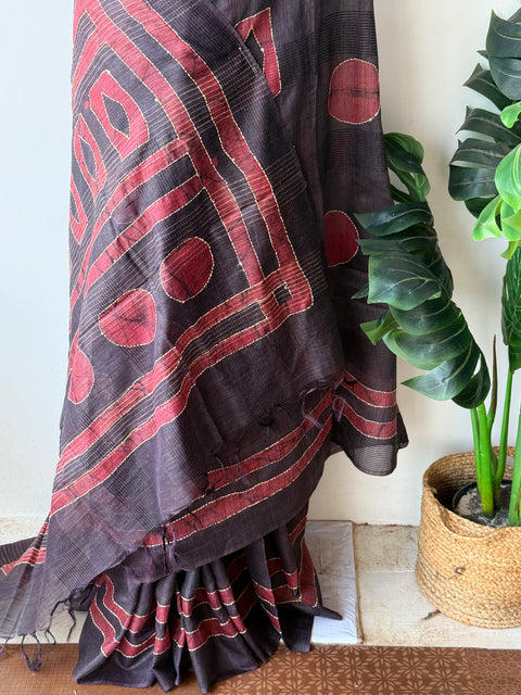 Batik printed kantha work raw silk saree