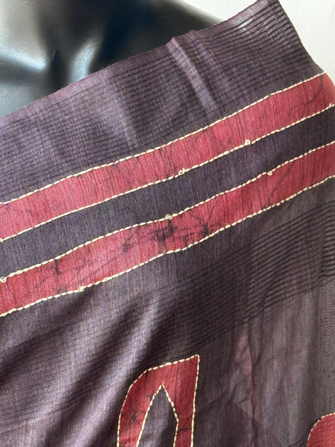 Batik printed kantha work raw silk saree