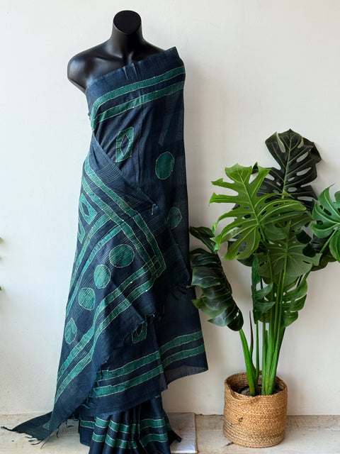 Batik printed kantha work raw silk saree