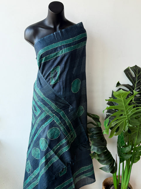 Batik printed kantha work raw silk saree