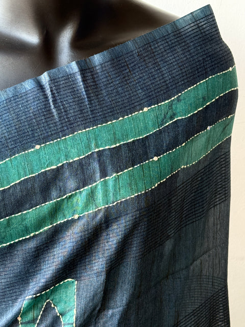 Batik printed kantha work raw silk saree