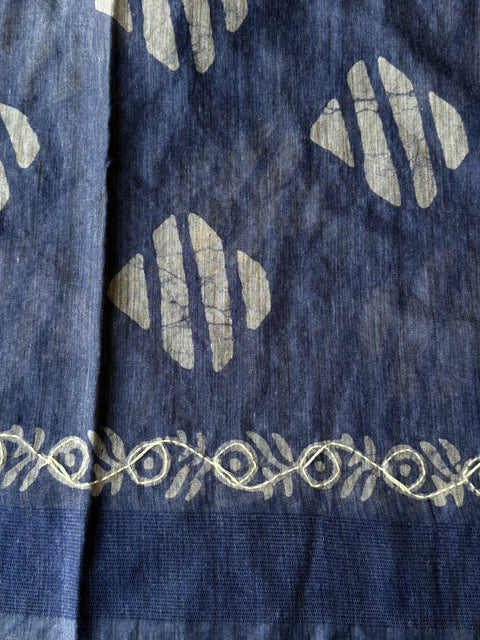 Batik printed kantha work raw silk saree