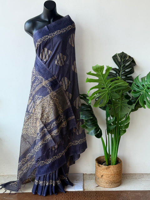 Batik printed kantha work raw silk saree