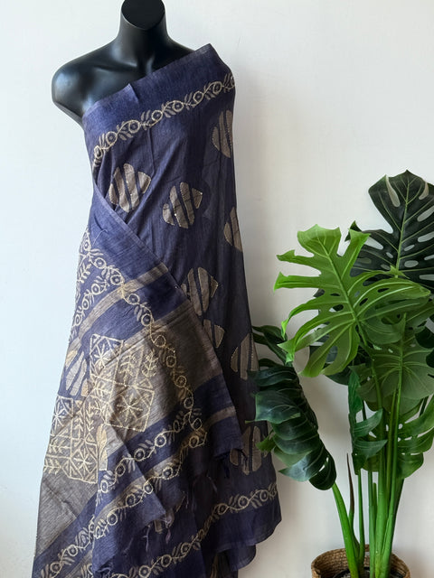 Batik printed kantha work raw silk saree