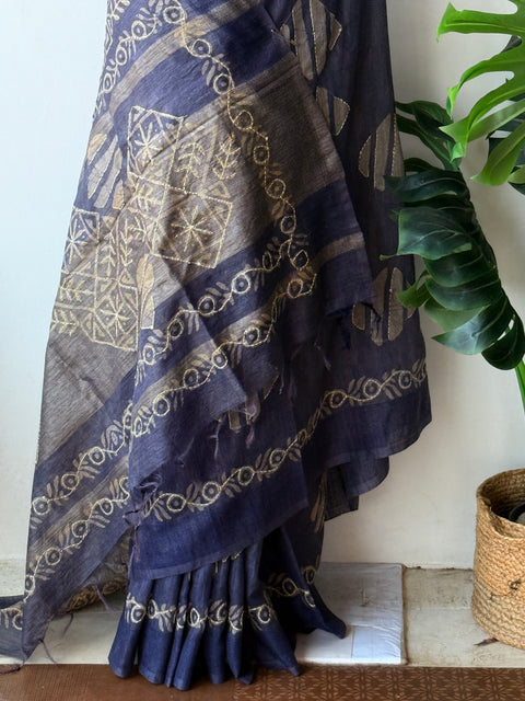 Batik printed kantha work raw silk saree