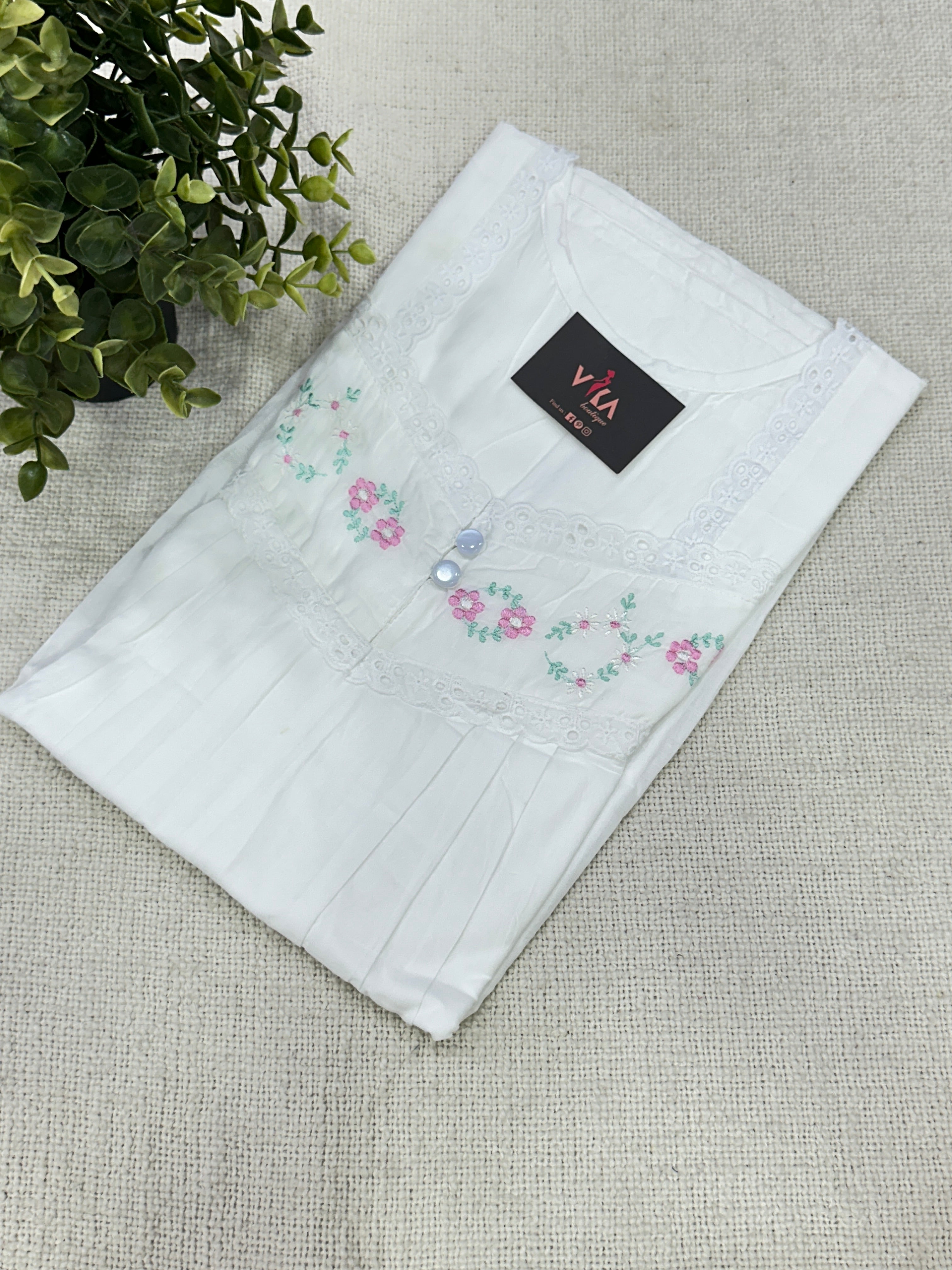 Cotton Nightie White Shirt Nightie Floral Neck Emb Pure Cotton