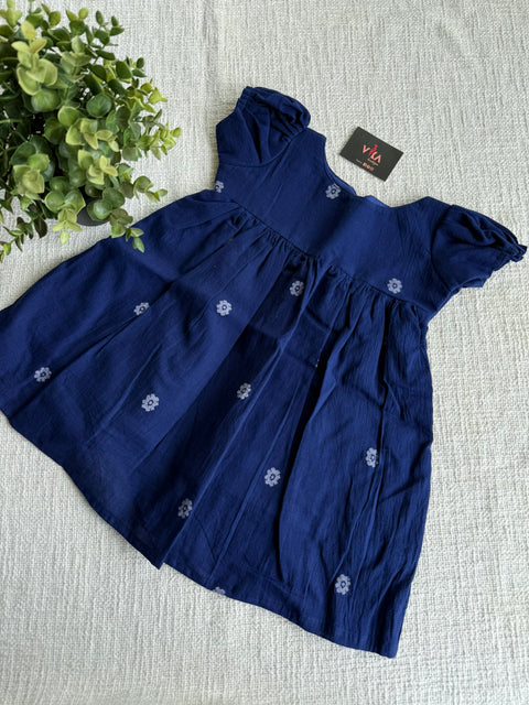 Midnight Blue Jamdani cotton kids frock