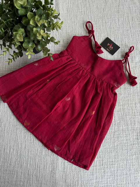 Red hearts Jamdani cotton kids frock