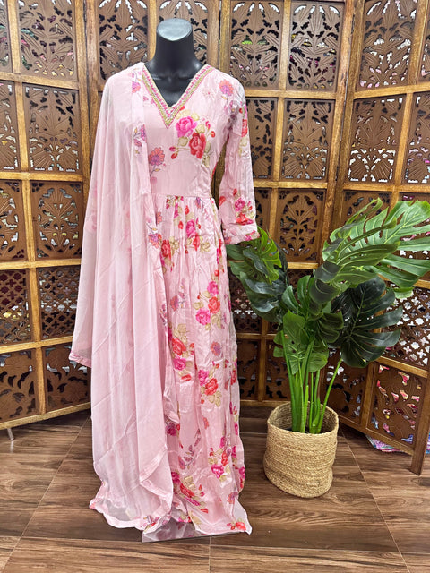 Floral printed maxi gown with dupatta