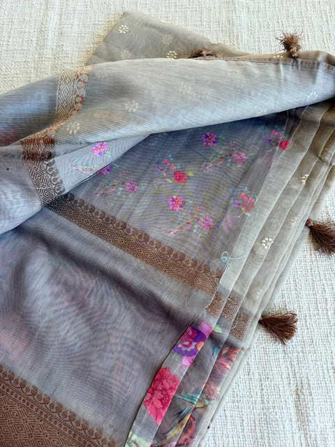 Emb and printed chanderi saree - Grey