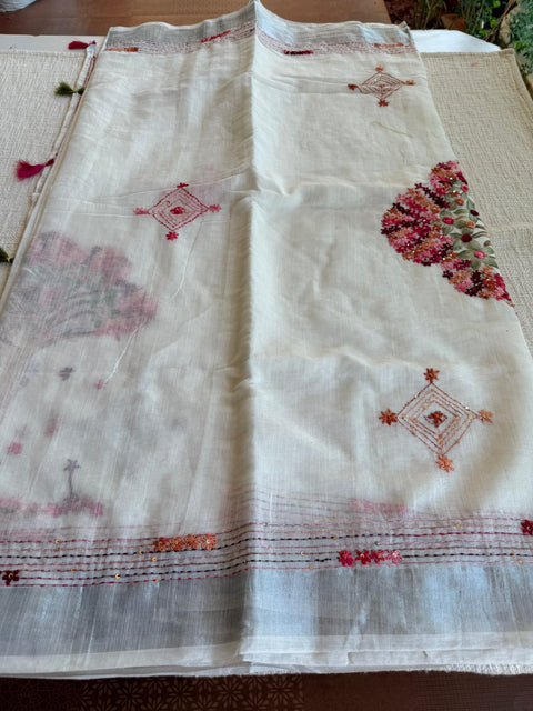 White bhag linen emb saree