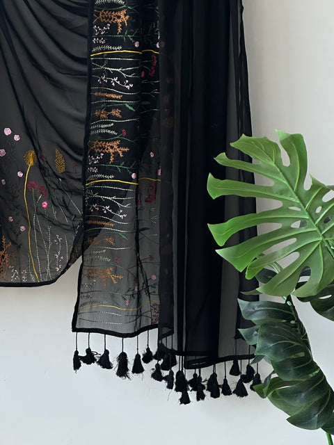 Beautiful black garden emb georgette saree
