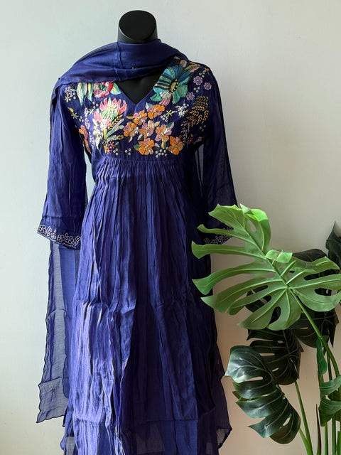 Hand emb mul chanderi Ready suit set - Electric Blue