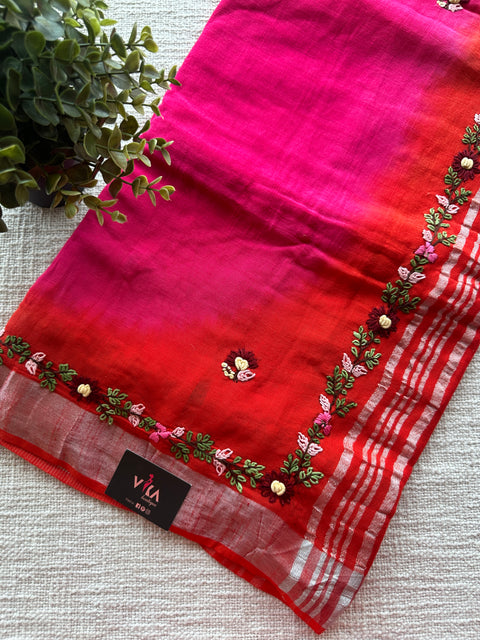 Shaded Hand embroidery Bhag Linen saree