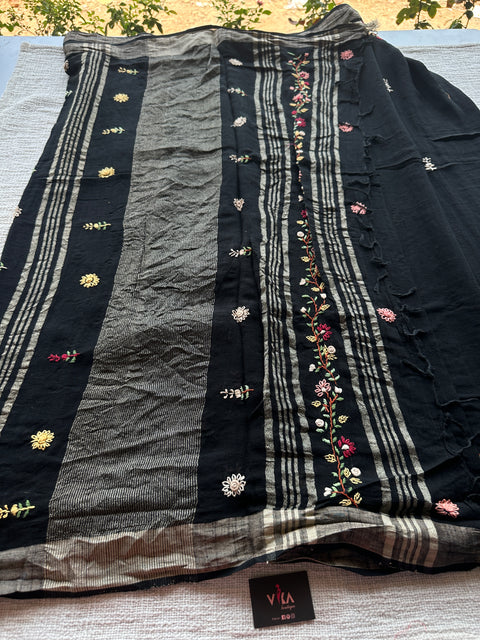 Hand embroidery Bhag Linen saree