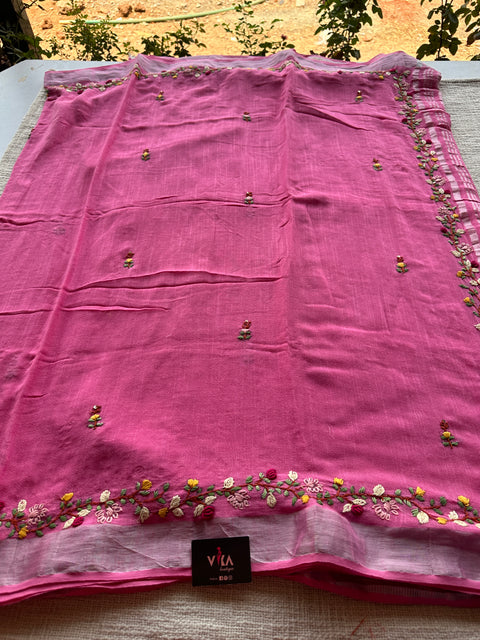 Hand embroidery Bhag Linen saree