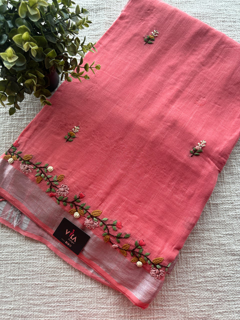 Hand embroidery Bhag Linen saree