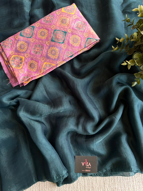 Steel blue shiny tissue organza saree