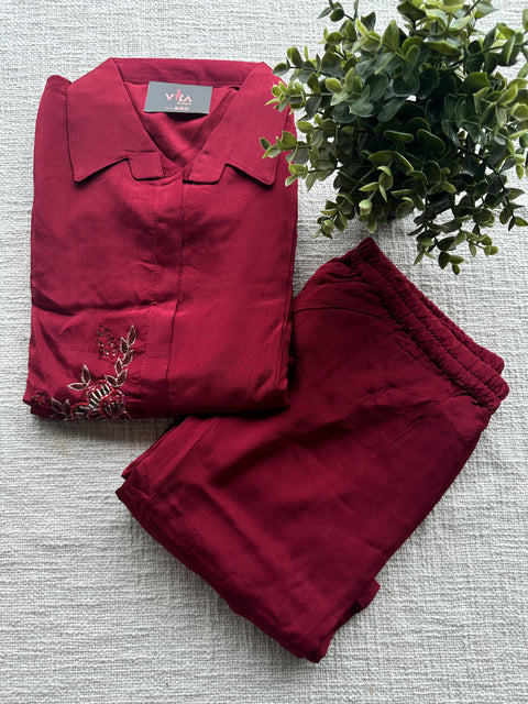 Maroon chinnon embroidery co-ords