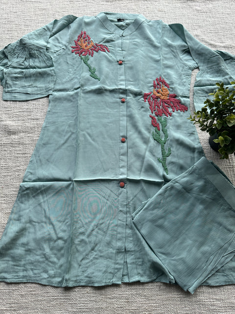 L blue bead embroidery co-ords
