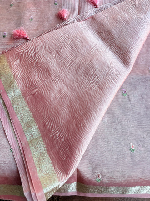 Silver zari weaving tissue saree - Lt Pink