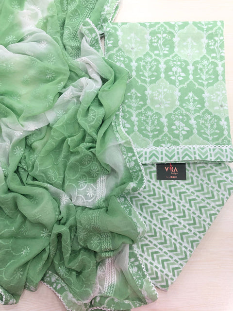 Printed cotton salwar material-Green