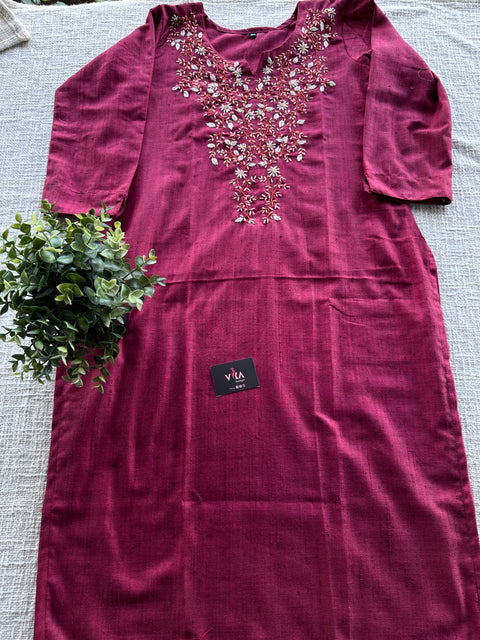 Neck Hand Emb Raw silk kurti