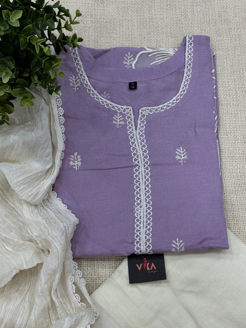 Readymade Lace work cotton kurta pant set - Lavender