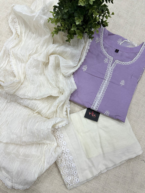 Readymade Lace work cotton kurta pant set - Lavender