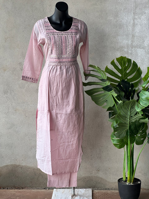 Baby Pink neck work cotton kurti pant